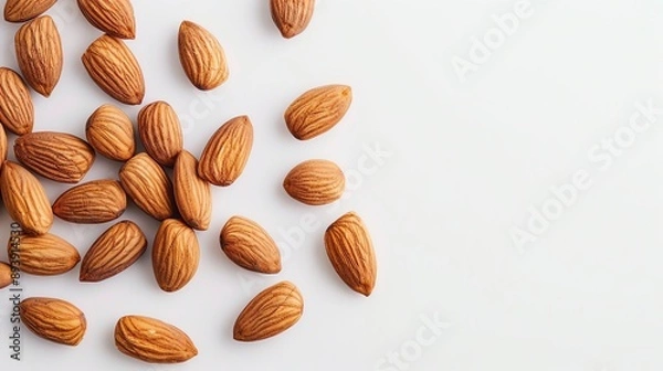 Fototapeta Top view of scattered almonds on a white background. The almonds are arranged in a diagonal line from the bottom left corner of the image.