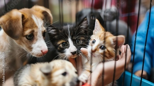 Obraz A cute tabby kitten and a puppy in a cage at an animal shelter. The animals are looking at each other curiously.