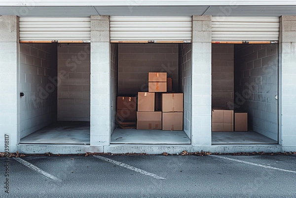 Fototapeta Three White Storage Unit Doors with Cardboard Boxes Inside