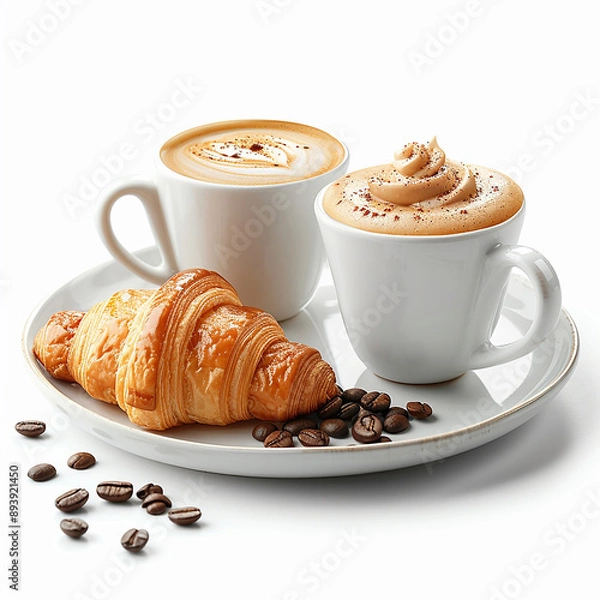 Obraz Coffee and Croissant Breakfast Setting on Floral Table and some coffee seeds. generated by AI
