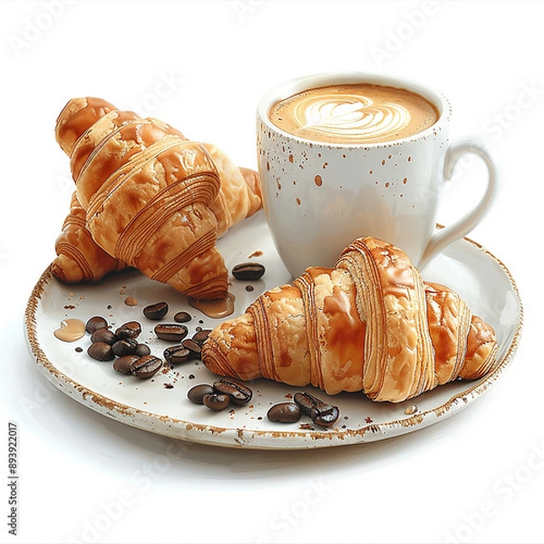 Obraz Coffee and Croissant Breakfast Setting on Floral Table and some coffee seeds. generated by AI