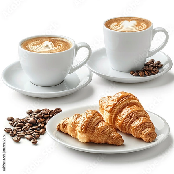 Obraz Coffee and Croissant Breakfast Setting on Floral Table and some coffee seeds. generated by AI