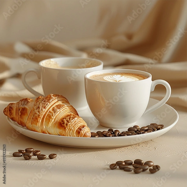 Obraz Coffee and Croissant Breakfast Setting on Floral Table and some coffee seeds. generated by AI