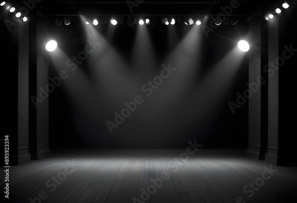 Fototapeta Dark empty theater stage with dark velvet curtains, empty seats, spotlights illuminating the set, wooden floor, stairs, columns, 