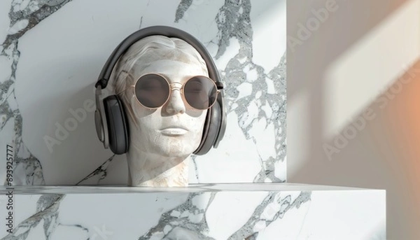 Fototapeta Minimalist 3D rendering of sunglasses headphones on a human head sculpture, symbolizing music