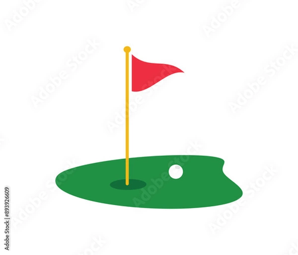 Fototapeta Golf green course  with flag or flagstick and golf ball vector icon for sports app and web