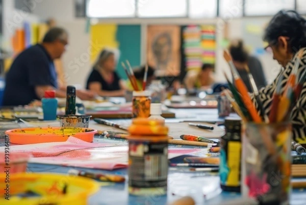 Obraz Adults engaging in a creative workshop at a local community center, surrounded by colorful art materials