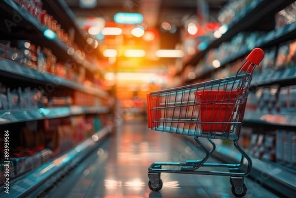 Fototapeta A shopping cart filled with groceries navigates through a supermarket aisle, surrounded by shelves stocked with various products