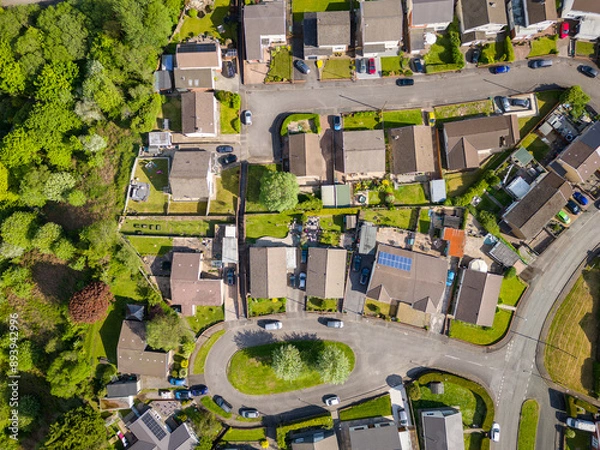 Obraz Top down aerial view of residential streets and houses in summer (Ebbw Vale, Wales)