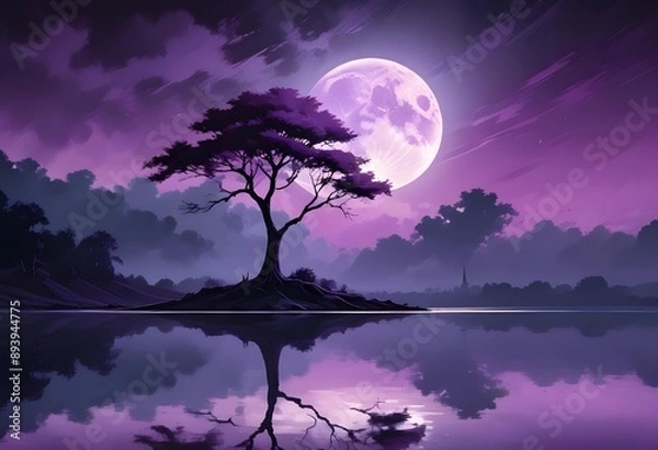 Fototapeta A lone tree with a large purple cloud-like canopy reflected in a still body of water, surrounded by a minimalist purple and black landscape
