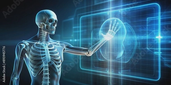 Fototapeta Skeleton pressing a virtual button on a futuristic interface , technology, digital, virtual reality, button, interface