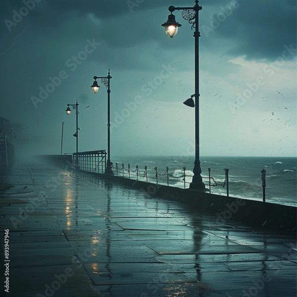 Obraz British seaside heavy rain. Stormy sky.