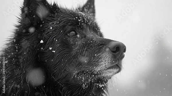 Fototapeta A serene portrait of a black dog with snowflakes dotting its fur, eyes gazing thoughtfully into the distance, capturing the calm and contemplative essence of winter's beauty.
