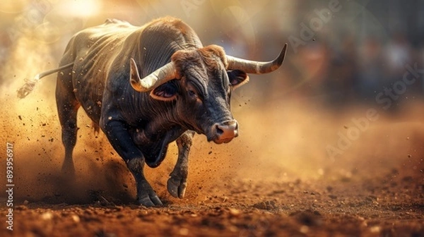 Fototapeta powerful bull charges through the arena, kicking up dust as it runs towards the unknown.