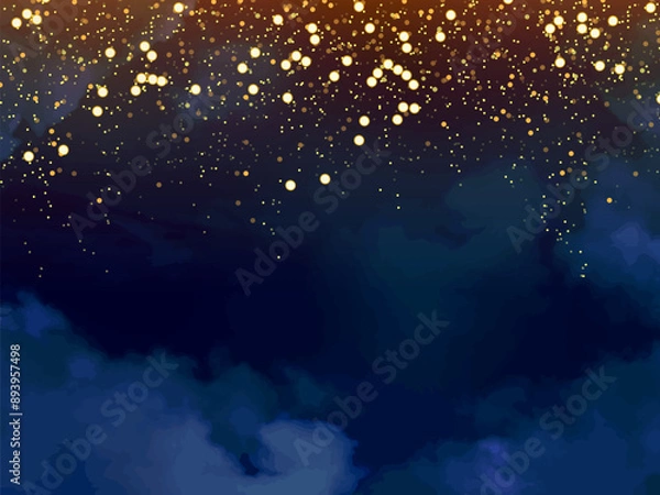 Obraz Magic night dark blue frame with sparkling glitter bokeh and light art. Square vector wedding card. Gold confetti and navy background. Golden scattered Christmas dust. Fairytale magic star template