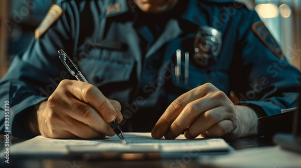 Obraz Police officer writing report with pen and notebook