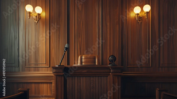 Obraz Judicial proceedings with empty witness stand and microphone