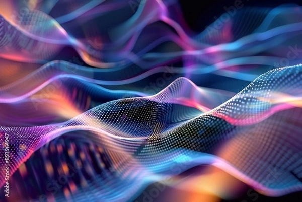 Fototapeta Abstract colorful waves forming from small particles flowing in cyberspace