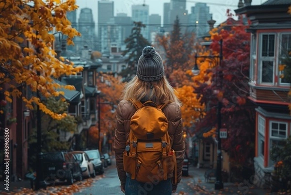 Fototapeta Woman Exploring Vibrant Neighborhood During Autumn in City
