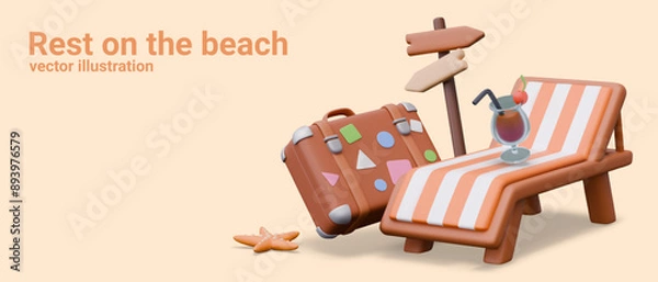 Fototapeta Rest on beach. Horizontal banner in 3D cartoon style