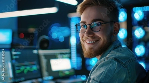 Fototapeta A young man smiling and looking at a computer screen. He's surrounded by multiple screens displaying digital data.