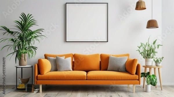 Fototapeta Behind the orange sofa in a modern apartment with a blank picture frame on the wall. Living room with elegant furniture and simple style.