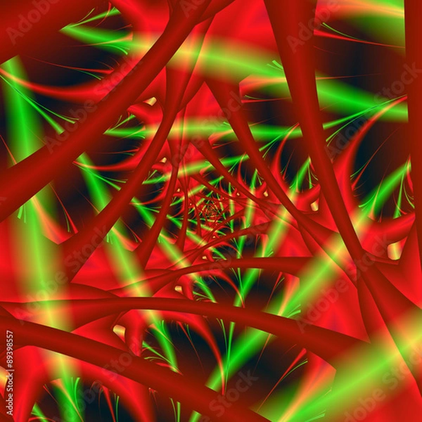 Obraz Red and Green Neural Network Spiral / An abstract fractal image with a fibrous spiral design in neon colored lights of red, green and yellow.