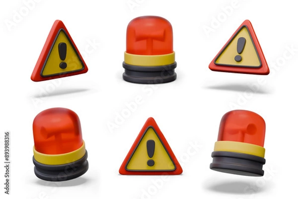 Fototapeta Triangular sign attention danger, red emergency lamp. Set of realistic objects