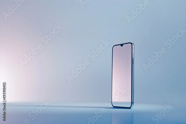 Fototapeta Modern 3D rendering of a smartphone with a notch display on a minimalist blue and pink gradient background, showcasing sleek design and contemporary technology concepts.