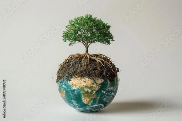 Fototapeta A globe with tree roots, symbolizing global growth.