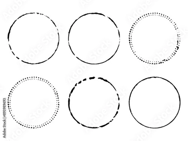 Obraz Six circle-shaped frames with uneven, torn, thin edges. Vector hand drawn illustration of paint prints of bottom and neck of bottle. Texture brush.