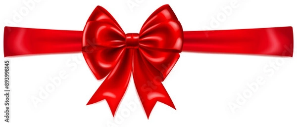 Obraz Beautiful large red shiny bow with horizontal ribbon and soft shadow on white background.