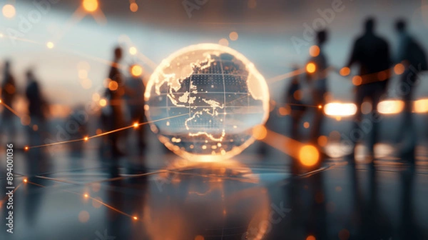 Fototapeta Abstract digital globe with glowing connections, blurred businesspeople in background, futuristic technology and global network concept, dynamic light effects