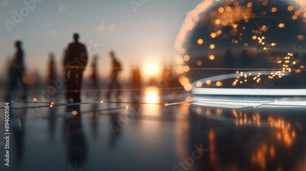 Fototapeta Abstract digital globe with glowing connections, blurred businesspeople in background, futuristic technology and global network concept, dynamic light effects