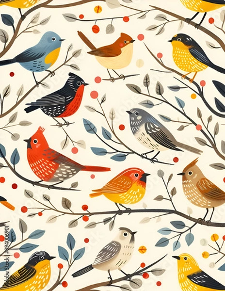 Fototapeta Birds on branches pattern