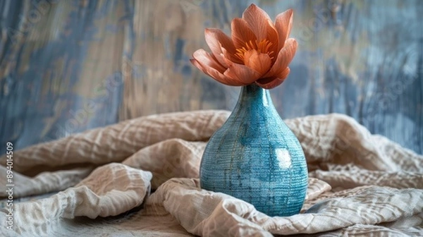 Fototapeta Handcrafted blue vase with flower on textured cloth Ideal for home decor