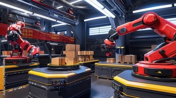 Fototapeta High-tech robotic arms sorting packages in a modern storage facility