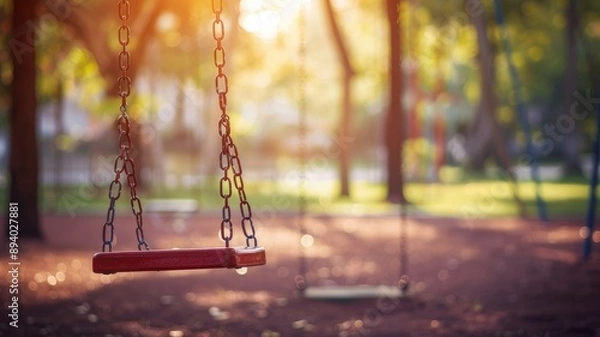 Fototapeta Empty swings in sunlit park evoking nostalgia