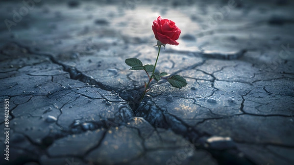 Fototapeta A single red rose is growing in the middle of a rocky, cracked ground. Concept of resilience and hope, as the rose continues to grow despite the harsh environment