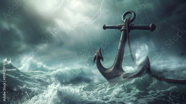 Fototapeta A stormy sea with a shipwrecked anchor. The anchor is upside down and is being pulled by the waves. Scene is one of danger and chaos, as the anchor is being tossed around by the rough waters