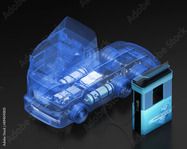 Fototapeta Isometric view of FCV Semi Truck chassis with X-ray style truck body refueling H2 gas in Hydrogen station. 3D rendering image.