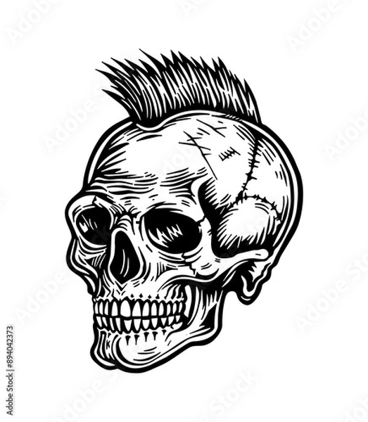Obraz skull mohawk engraving black and white outline
