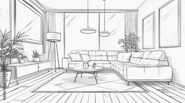 Obraz 
Interior design with modern living room in black line sketch on white background, vector, very beautiful illustration