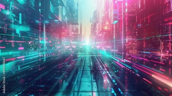 Fototapeta Cyberpunk-inspired backdrop material with futuristic technology with a light and line effect