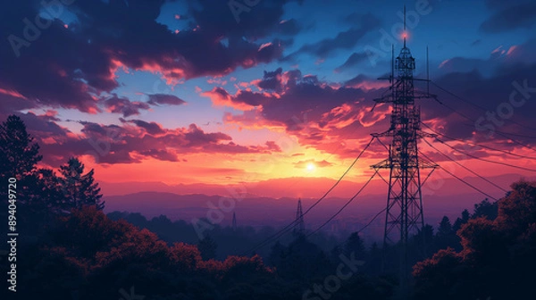 Fototapeta Transmission Cellular Tower Antenna Landscape. Network Broadcast Equipment Isolated. Broadcasting, Internet, Television Cell Station. 4G 5G. Satellite Communication Antenna. Flat Vector Illustration.