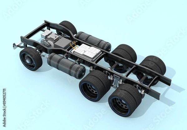 Fototapeta Rear view of FCV Semi truck chassis on  light blue background. Fuel cell hydrogen system equipped with fuel cell stack, battery, H2 gas tanks, dual motors. 3D rendering image.