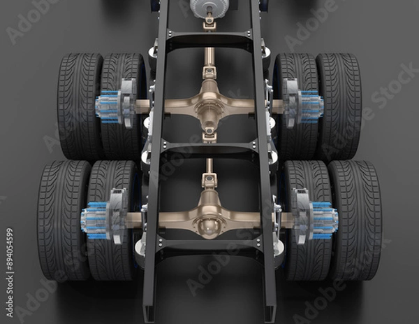 Fototapeta Rear view of Semi truck ladder frame, drive shaft and axle system  with tires in transparent mode.  3D rendering image.