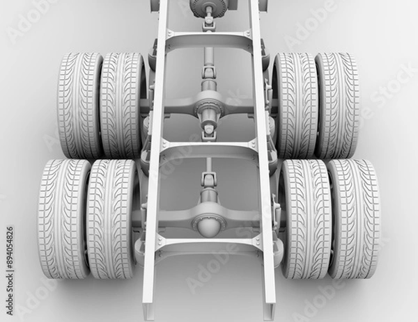 Fototapeta Clay rendering of Semi truck ladder frame, drive shaft and axle system on white background. 3D rendering image.
