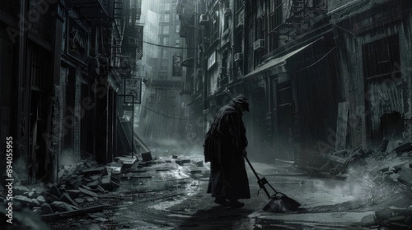 Fototapeta Mysterious Figure Sweeping a Dark, Abandoned Alleyway in a Post-Apocalyptic Urban Setting