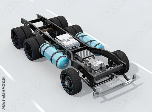 Fototapeta FCV Semi truck chassis moving on the road. Fuel cell hydrogen system equipped with fuel cell stack, battery, H2 gas tanks, dual motors. 3D rendering image.
